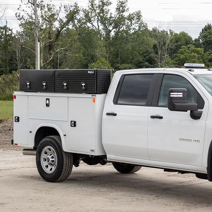 Buyers Products 1721364 Topsider Truck Tool Box, 18x16x88 Inch, Gloss Black Diamond Tread Aluminum, Dual Flip-Up Doors, Locking Compression Latch, Weather Resistant, No-Drill Mount, Made in USA