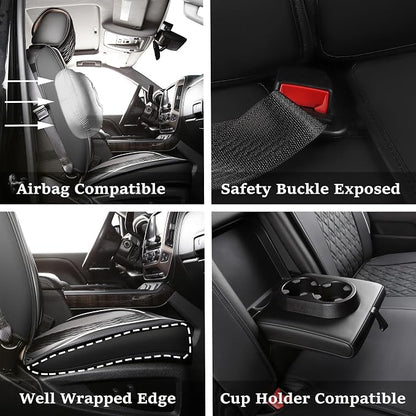 JOJOBAY Chevy Silverado Seat Covers,Leather Seat Covers for GMC Sierra,Custom Fit 2007-2024 1500 2500HD 3500HD Crew Double Extended Regular Cab,LT LZT RST(Full Set,Black Grey)