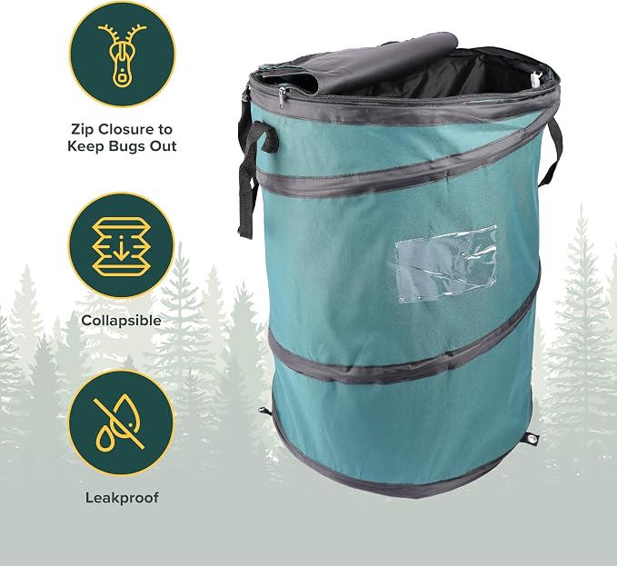 Coghlan's Deluxe Durable Pop-Up Trash Can – Collapsible Garbage Bin with Zippered Lid, Bag Clips, and Anchoring Points for Camping, Home, and Outdoor Use – 29.5 Gallon