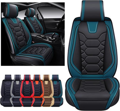 OASIS AUTO Car Seat Covers Front Seats, Sporty Honeycomb Waterproof Faux Leather Protectors, Universal Fit for SUV, Sedan, Truck Interior Accessories (OS-004 Black&Teal)