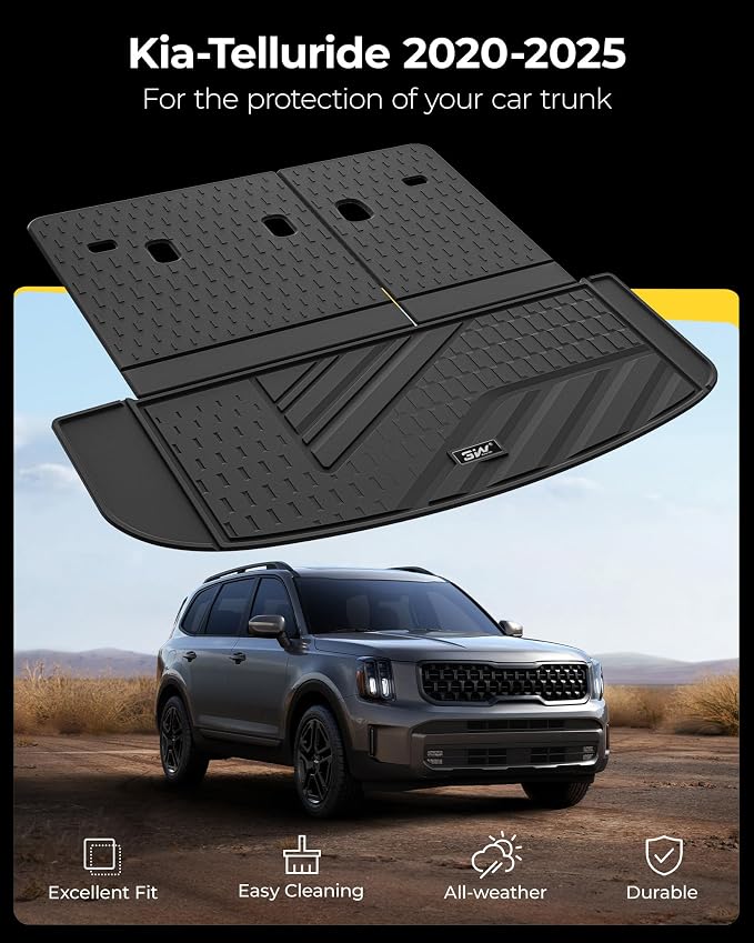 3W Kia Telluride Cargo Liner & Back Seat Cover for Kia Telluride 2020-2024 2025 (Not for Hybird), TPE All Weather Cargo Mat for Telluride Anti-Slip Heavy Duty Accessories, Black
