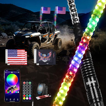 Nilight LED Whip Light 2PC 6FT Spiral RGB Antenna Whips with Spring Base, App/Remote Control DIY Chasing Patterns Brake & Reverse Turn Signal Lights for Side by Side ATV UTV RZR Can-Am Buggy Jeep
