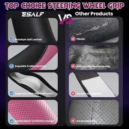 Soft Leather Steering Wheel Cover with Breathable Design and Anti-Slip Grip, Fully Compatible with Tesla, Toyota, Honda, Nissan 14.5-15.2 inch Round Steering Wheel（Sedans and SUVs）