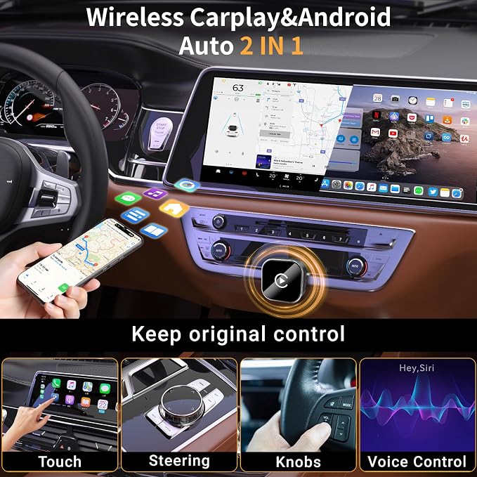2026 Upgraded mini 2-in-1 Wireless CarPlay Adapter - Fast Auto-Connect,carplay Wireless adapters,Stable Connection, Mini Size Plug & Play Adapter for iPhone & Android Auto Compatible Cars(Black)