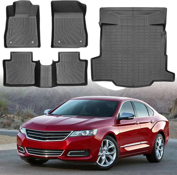 Floor Mats & Cargo Liner for Chevy Impala 2020 2019 2018 2017 2016 2015 2014, All Weather TPE Floor Liners Custom Fit Impala Heavy Duty Car Mats 1st & 2nd Row & Trunk Mat Accessories Black