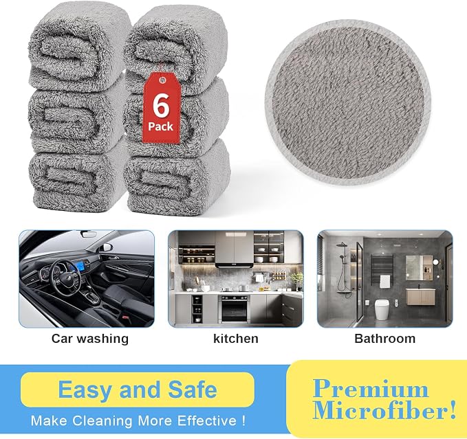Car Wash Drying Towels, 450gsm Ultra-Thick Absorbent Lint-Free Extra Soft Microfiber Rags for Car Detailing, Interior & Exterior Cleaning Cloths, 16in x 16in - Microfiber, Grey, 6 Packs