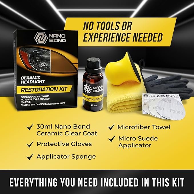 Nano Bond Ceramic Headlight Restoration Kit - No Power Tools Needed, Self-Leveling Headlight Clear Coat, 3 Easy Steps, Removes Oxidation from Foggy Plastic Lenses, 30ml Bottle