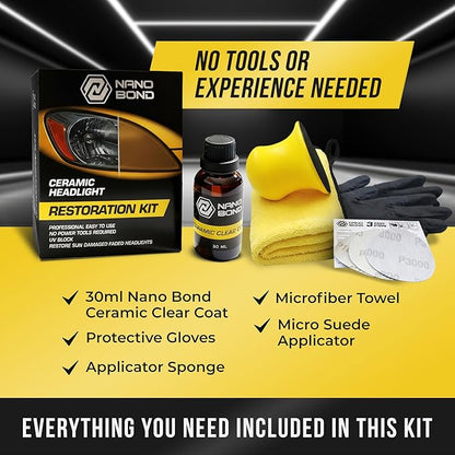 Nano Bond Ceramic Headlight Restoration Kit - No Power Tools Needed, Self-Leveling Headlight Clear Coat, 3 Easy Steps, Removes Oxidation from Foggy Plastic Lenses, 30ml Bottle