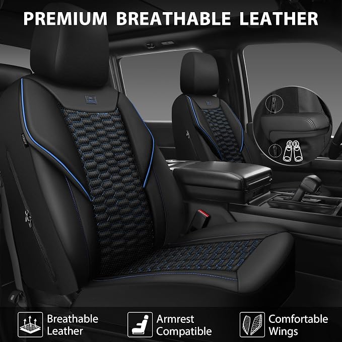 CAR PASS 3D Foam PU Leather Car Seat Covers Full Set,Luxury Breathable Faux Leather Seat Covers for Car,Anti Slip Universal Fit for SUVs Vans Sedan Truck Auto,Armrest Airbag Compatible,Black and Blue