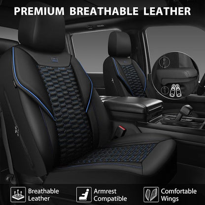 CAR PASS 3D Foam PU Leather Car Seat Covers Full Set,Luxury Breathable Faux Leather Seat Covers for Car,Anti Slip Universal Fit for SUVs Vans Sedan Truck Auto,Armrest Airbag Compatible,Black and Blue