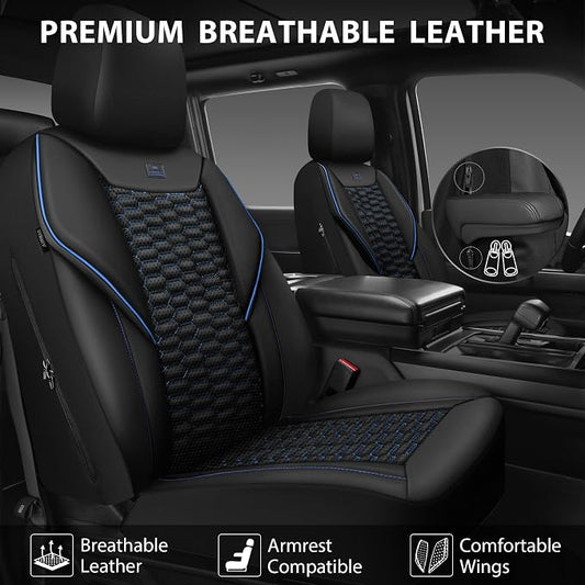 CAR PASS 3D Foam PU Leather Car Seat Covers Full Set,Luxury Breathable Faux Leather Seat Covers for Car,Anti Slip Universal Fit for SUVs Vans Sedan Truck Auto,Armrest Airbag Compatible,Black and Blue