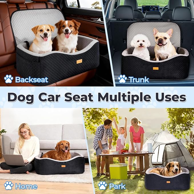 Dog Car Seat for Large Dogs up to 55lbs or 2 Small Dogs with 4" Memory Foam, Back Seat Medium Pet Booster Seat with Triple Safety Belts, Adjustable Leashes, Detachable/Washable (Black/Gray, Large)
