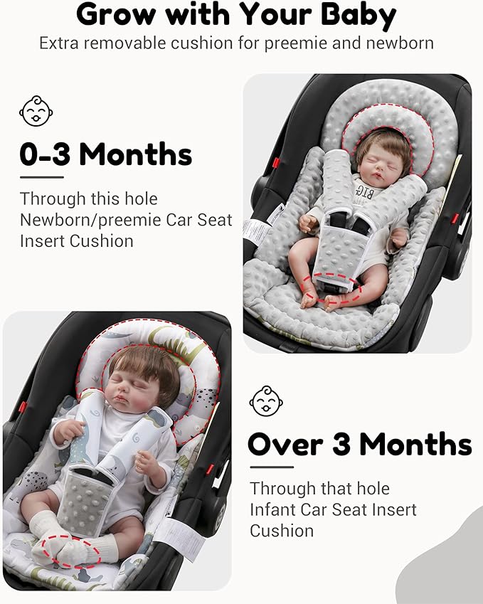 BOMOLOUR Infant Car Seat Insert with Removable Cushion for Baby Preemie Newborn Infant, Reversible carseat Insert Head Body Support Fits for Stroller, Baby Swing, Rocker, Bouncer, Bassinet - Grey