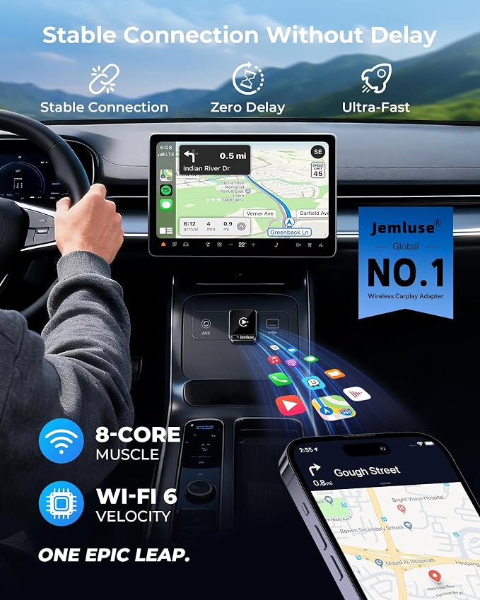 Jemluse Wireless CarPlay Adapter for Apple - Mini Size, Fast Stable Connection Convert Wired to Wireless Car Play Dongle for iPhone iOS 10+, Plug & Play for Cars from 2016+ w/USB-C(Onyx)