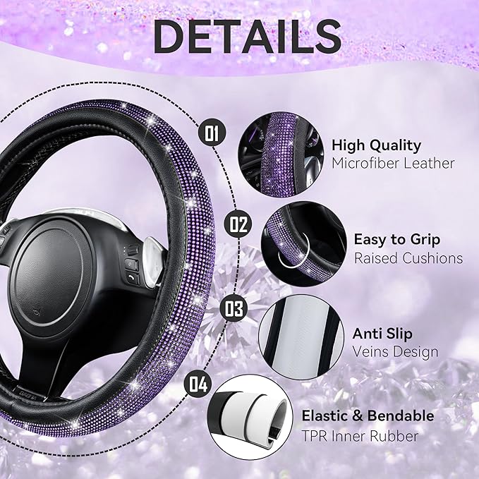 CAR PASS Bling Diamond Leather Car Seat Covers 11 PCS, Sparkly Rhinestone Steering Wheel Cover Glitter Cute Interior Car Accessories Sets Seat Belt Cushion Cup Holder Coaster Women Girl, Violet Purple