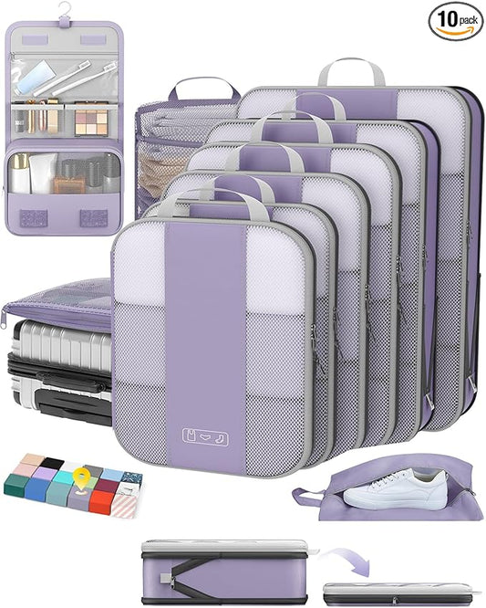 OlarHike 10-Pack Compression Packing Cubes for Travel Essentials,Compressible Expandable Packing Cubes for Suitcase,Luggage Garment Bags for Travel,Handy Helper for Organizing Clothes(Purple Gray)