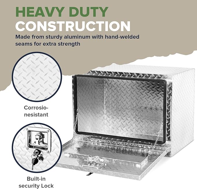 ARKSEN 24 x 17 x 18 Inch Underbody Tool Box, Heavy Duty Aluminum Diamond Plate Waterproof Square Storage Organizer Chest with T-Handle Lock & Keys for Pickup Truck, RV & Trailer – Silver