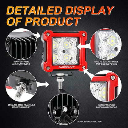 Auxbeam FA Series Flood Beam 3 Inch 40W Cube LED Pods, Red Shell Ditch Light Bar 4800LM, Off-Road Driving Hood Lights for 4WD Jeep Wrangler Ford F-150 Bronco, Pair
