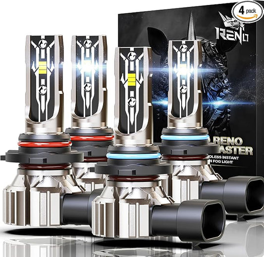 RENO 9005 9006 Bulb Combo, 9006 9005 Fog Bulbs Fanless 6500K 800% Brighter HB4 9006/HB3 9005 Light Bulbs Auxiliary Fog 52000LM Plug and Play, 4 Pack