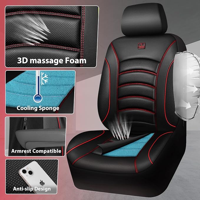 CAR PASS 3D Foam PU Leather Car Seat Covers, Universal Seat Covers Front 2 for Trucks SUV Sedan Automotive Seat Covers Armrest Airbag Compatible Waterproof Comfortable Faux Nappa Leather Black Red