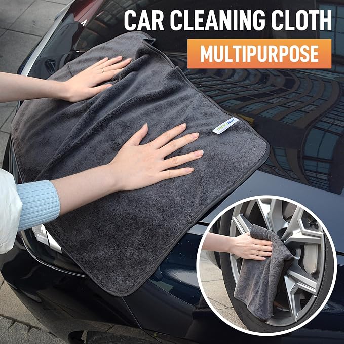 SINLAND Microfiber Car Drying Towels Ultra Absorbent,No Streaks,Scratches, or Water Spots,Wash Cleaning Auto Detailing Towels 380gsm 16inch x 24inch 3Pack Grey
