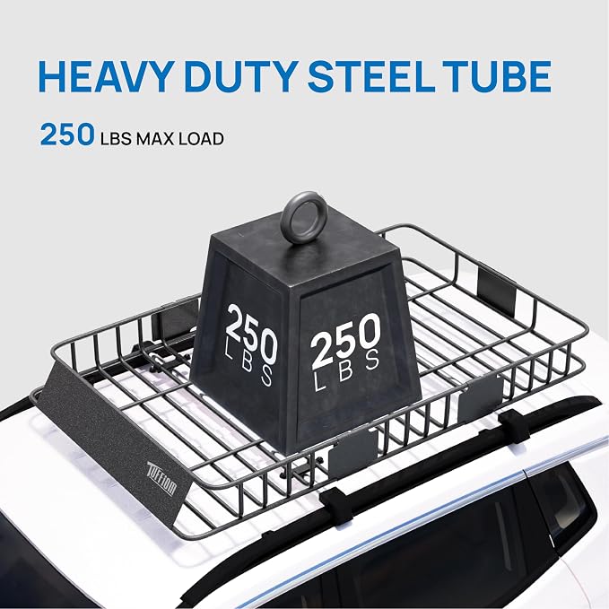 TUFFIOM 250lbs 64 x 39 x 6 inch Extendable Roof Top Cargo Carrier Basket w/Net+Storage Bag+Straps, Heavy Duty Rooftop Luggage Holder Steel Rack for SUV Car Truck Van Travel Camping