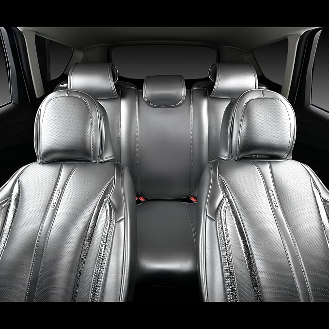 CAR PASS Ultra+ Nappa Leather Car Seat Covers Full Set Universal Cushioned, Soft Breathable Waterproof Anti-Slip Driver Seats and Backrest for SUV Pick-up Truck Sedan, 5 Seats Margiela Solid Silver