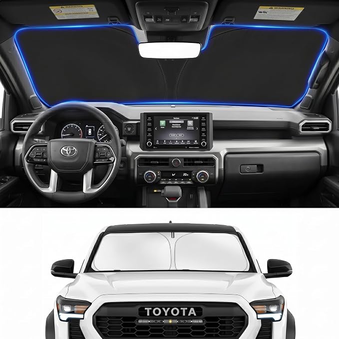 Windshield Sun Shade for 2016-2025 2026 Toyota Tacoma, Keeps Interior Cooler in Extreme Heat, Custom Fit Foldable Sunshade with Reinforced Frame UV Protection