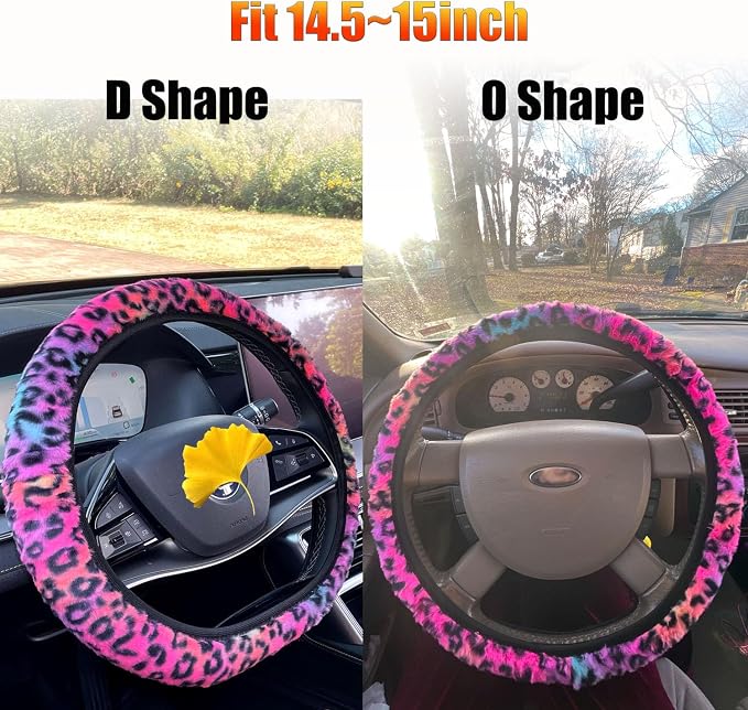 Cheetah Fuzzy Steering Wheel Cover, Girly Steering Wheel Cover, Cute Fluffy Furry Leopard Wheel Protector, Women Girl Car Christmas Decor Fit D-Shape O-Shape 14.5" to 15"