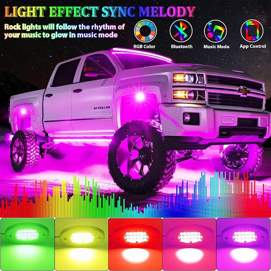 6 Pods RGB LED Rock Lights, Underglow Multicolor Neon Light Kit Wheel Well Light with APP Control & Music Mode, Under Glow Lights for Trucks,Jeep,SUV,Golf Cart,ATV,Pickup Off Road,12 V