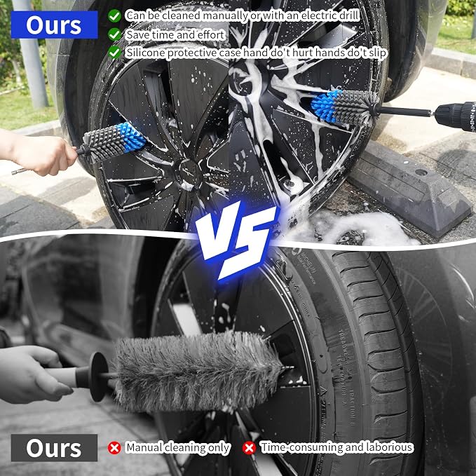 Wheel Brush, Soft Drill Wheel Cleaner Brush, Drill Brush for Car Wheel, No Scratches Highly Dense and Durable Car Wheel Brush Rim Tire Car Cleaning Brush for Wheels, Rims, Engines, Exhaust