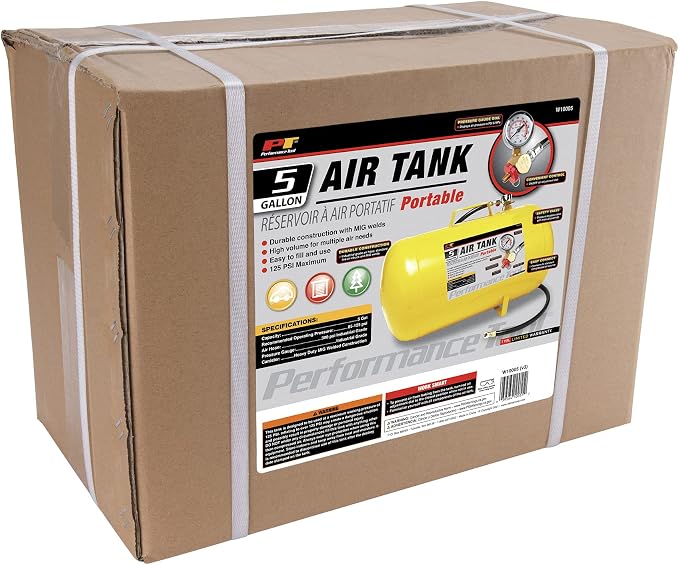 Performance Tool W10005 Hi-viz 5-Gallon Horizontal Portable Air Tank With Tire Air Chuck , Yellow