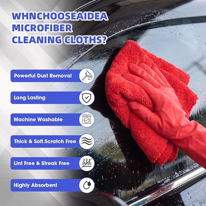 Shimeyao 30 Pcs 16 x 16 Inch Edgeless Microfiber Plush Towels for Cars Detailing Drying Wash Polishing Absorbent Cleaning Cloths, 500 GSM (Blue, Light Blue, Black, Grey, Red)
