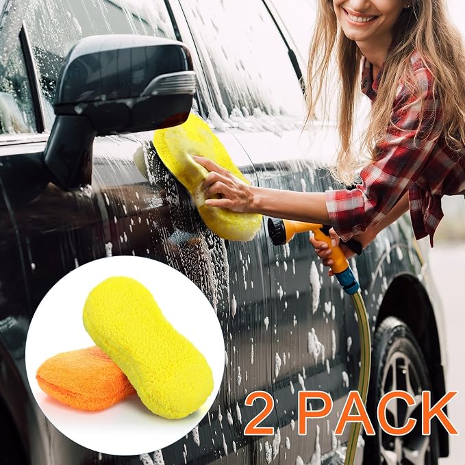 Tanlade 2 Pcs Large Car Wash Sponge for Cleaning, The Microfiber Sponges for Car Washing Supplies, Trucks and Motorcycles (Orange,Yellow)
