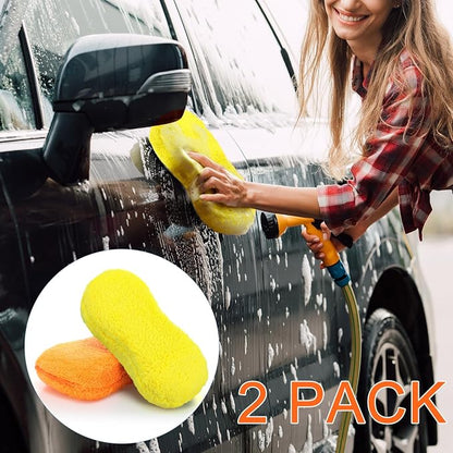 Tanlade 2 Pcs Large Car Wash Sponge for Cleaning, The Microfiber Sponges for Car Washing Supplies, Trucks and Motorcycles (Orange,Yellow)