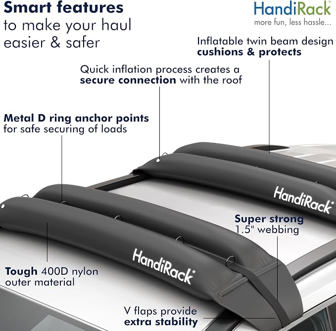 Universal Inflatable Soft Roof Rack Bars (Pair); Tie-Downs and Bow and Stern Lines Included; Carrier for Kayaks, Canoes, Surfboards and SUPs; Fits Cars and SUVs