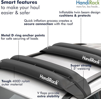 Universal Inflatable Soft Roof Rack Bars (Pair); Tie-Downs and Bow and Stern Lines Included; Carrier for Kayaks, Canoes, Surfboards and SUPs; Fits Cars and SUVs