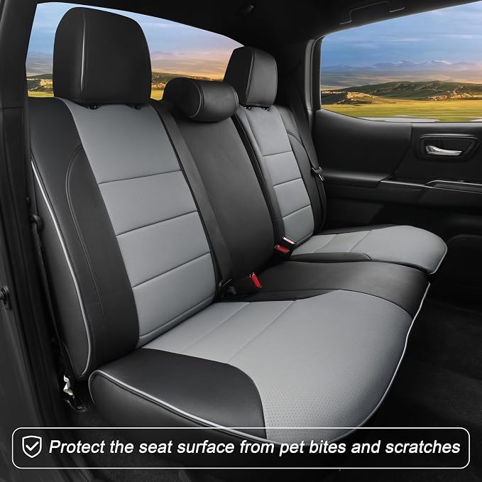 Lolcar Tacoma Seat Covers Full Set for 2016-2023 Toyota Tacoma Double/Crew Cab SR,SR5,TRD Off Road,TRD Pro,TRD Sport,Limited Pickup,Fully Covered Waterproof Leather Car Seat Protector (Black/Gray)