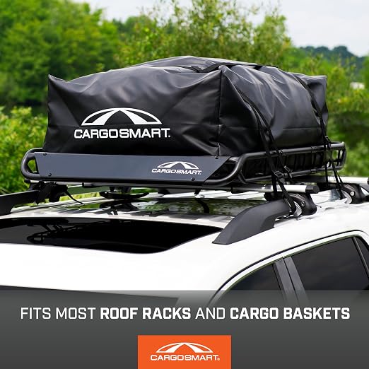 CARGOSMART CargoSmart Soft Sided Car Top Cargo Bag, 38”x38”x18” – Adds up to 15 Cubic Feet of Storage – Easily Mounts to Vehicle’s Roof Rack or Roof Top Basket – Heavy-Duty Vinyl, Black