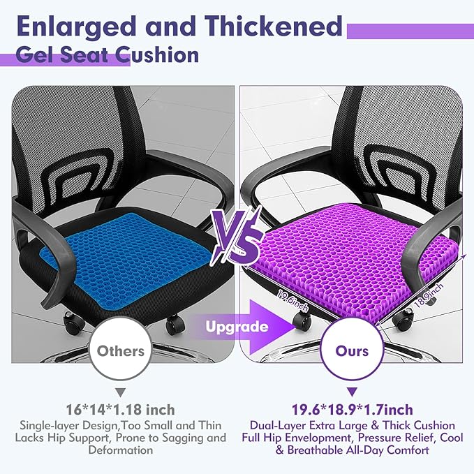 Plus Size Gel Cushion for Long Sitting, Breathable Honeycomb Pressure Relief Pad for Office Chair, Car & Wheelchair (Plus Size - Light purple-01)