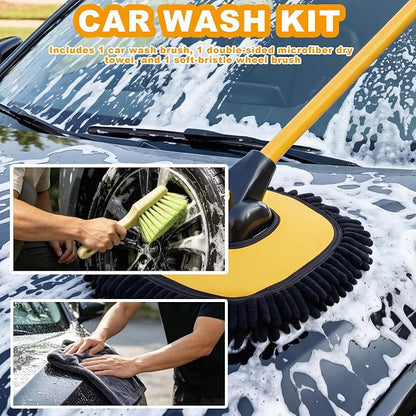 Car Wash Mop with Long Handle 15° Curved Extension Microfiber Scratch-Free Car Wash Brush with 1300GSM Thickened Drying Towel & Soft Bristle Tire Brush Complete Car Wash Kit (Yellow & Black)