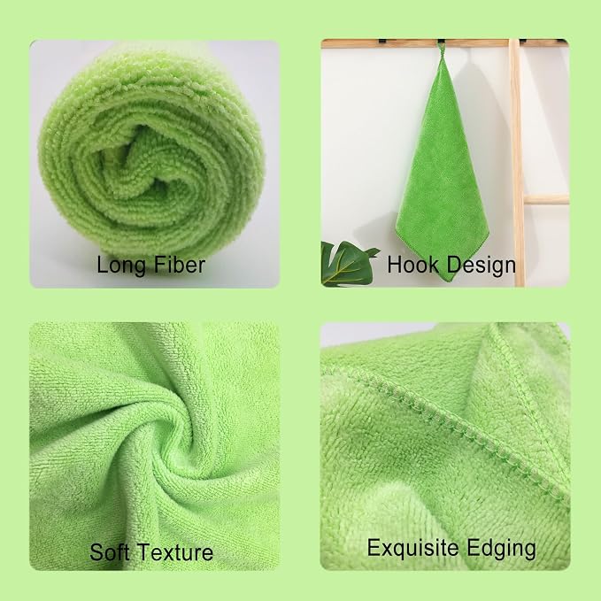 Reusable Thick Microfiber Cleaning Cloths Pastel Kitchen Towels for Window Cleaner, Auto Detailing Supplies Washcloth Polishing Rags, Wiping Appliances(12"x12") Green12 Pack