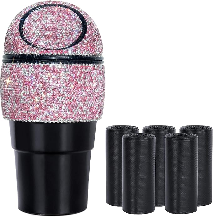 eing Car Trash Can Bling Crystal Auto Mini Trash Bin for Car Office Home Women,Car Cup Holder Garbage Can with Lid and 5 Pack Disposable Garbage Gag, Pink