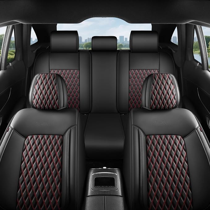 Car Seat Covers Full Set for SUV Trucks,Univerasal Precision Fit Contoured ThickTexture Nappa Leather Automotive Seat Covers,Waterproof Seat Covers & Accessories,Style1 Black Red Line