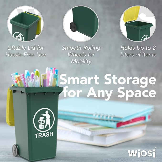 Wiosi Mini Garbage Trash Pen Holder for Desk | Tiny Recycle Bin Pencil Holder Green & Blue, Pack of 2 | Storage for Pencil & Pen | Office Stationery to Organize the Desk | Ideal for Student Work