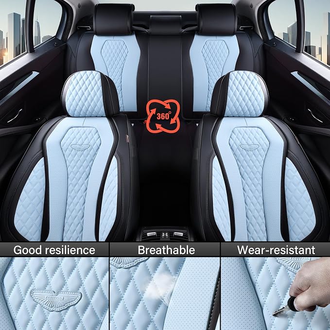 Coverado Auto Seat Covers, Car Seat Covers Full Set, Blue Car Seat Cover, Driver Seat Covers Front Seats Rear Seat Cover, Luxury Car Seat Cushion,Leather Seat Cover Seat Protector Fit for Most Cars
