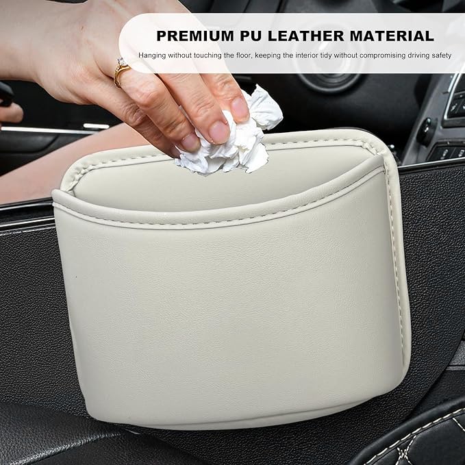 Car Trash Can, Clip On Garbage Organizer Multifunctional Car Door Hanging Container, Waterproof Leather Trash Bin Universal Interior Storage Box for Vehicle Home Office (Beige)