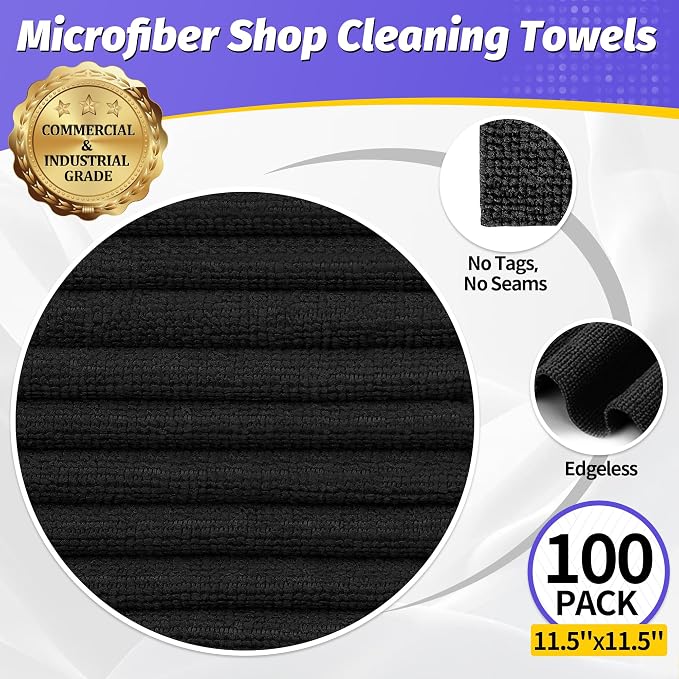 Microfiber Cleaning Cloth, 100 Pack Black Cleaning Rags Microfiber Towel Bulk Absorbent Lint-Free Wash Cloths, All-Purpose Towels for Cars, Shop, Automotive, Garage, Home & Kitchen