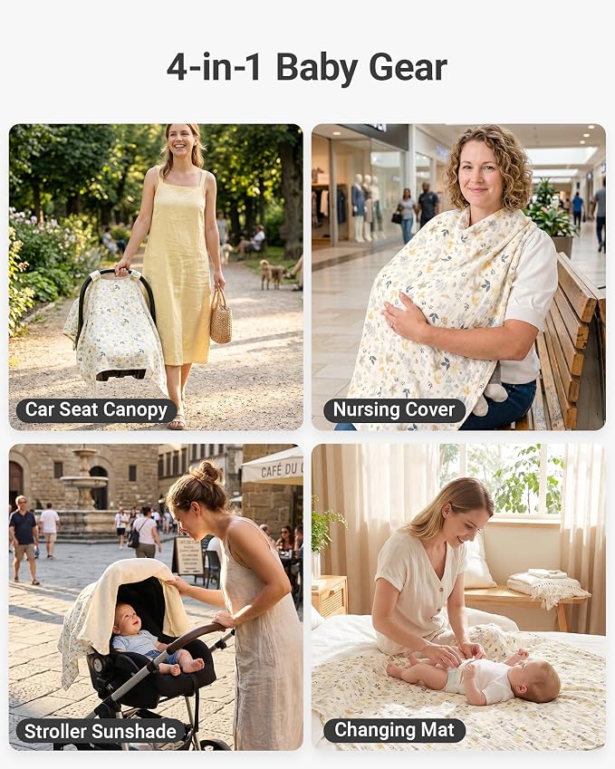 Metplus 100% Muslin Car Seat Cover Baby & Nursing Cover, Soft Breathable Infant Carseat Canopy for Summer, Stroller & Carrier Sunshade for Boys Girls (Leaves)