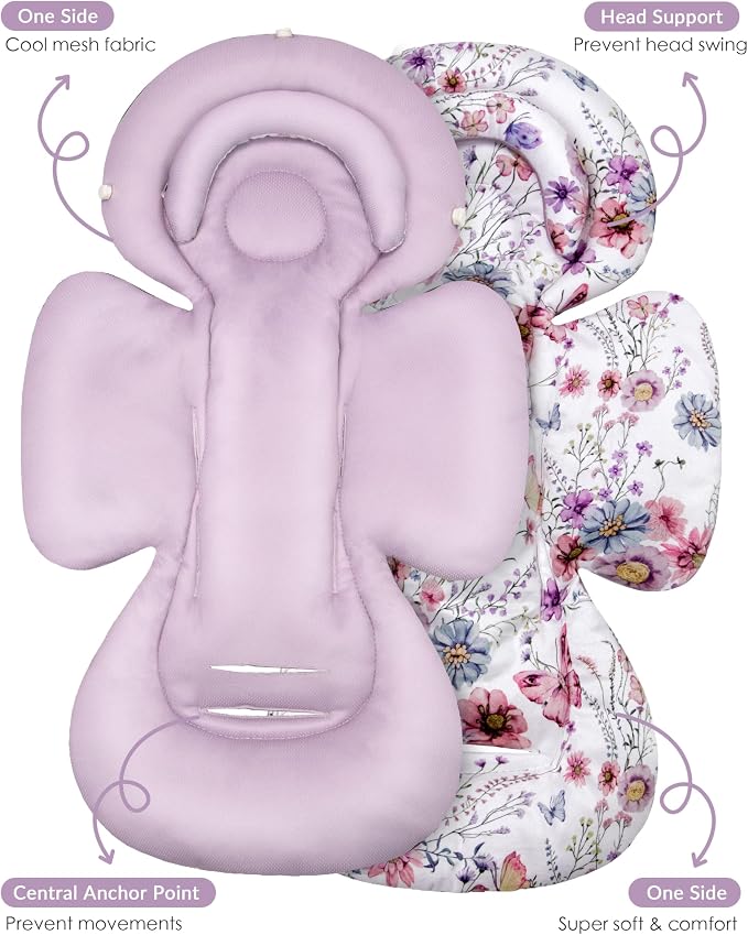 TinlyFinly Infant Car Seat Insert with Extra Cushion for Preemie to Toddler, Reversible Newborn Carseat Insert for Baby Head Body Support, Fits for Stroller, Baby Swing, Bouncer (Purple Wildflower)